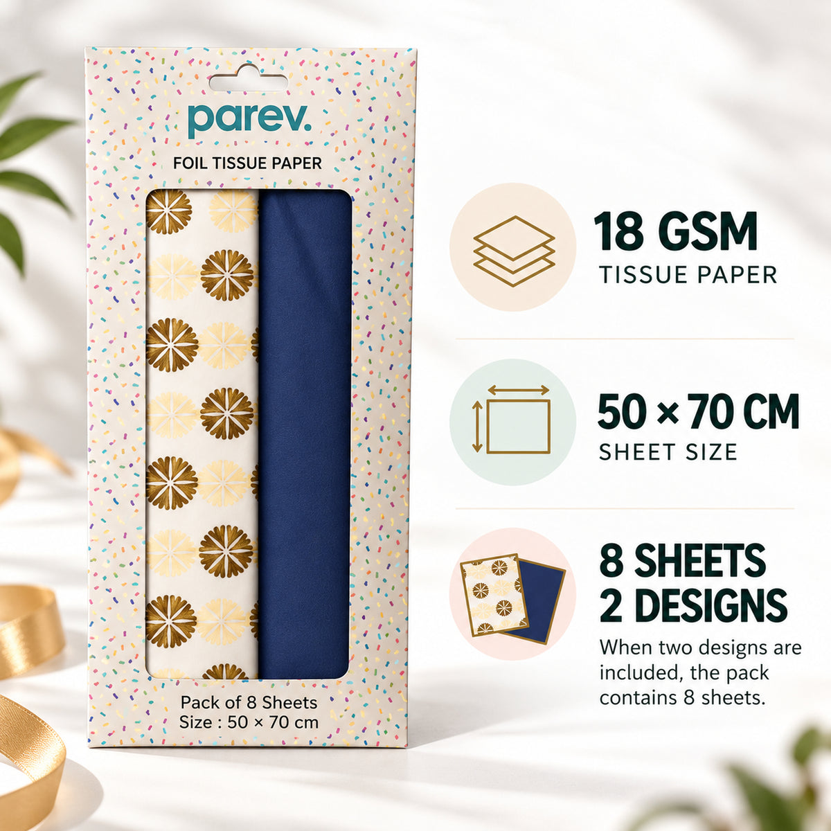 Pack of 8 Foil Floral Dots & Plain Navy Blue 50 x 70 cm Tissue Sheets - Weddings Anniversaries Birthdays Any Occasion