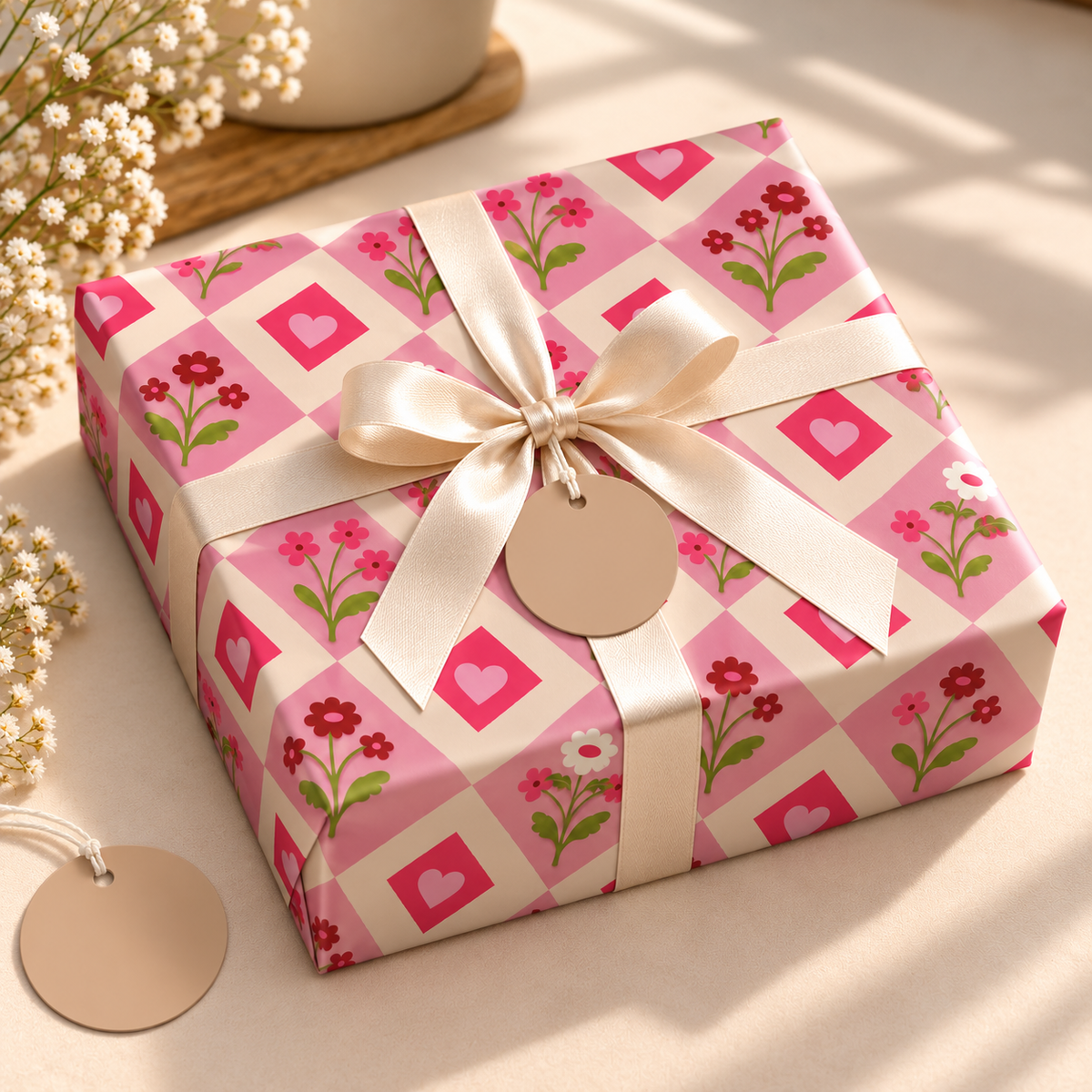 Pack of 2 Petal Checks Design 50 x 70 cm Gift Wrap Sheets with 2 Tags - Valentine’s Mother's Day Birthdays Everyday Celebrations