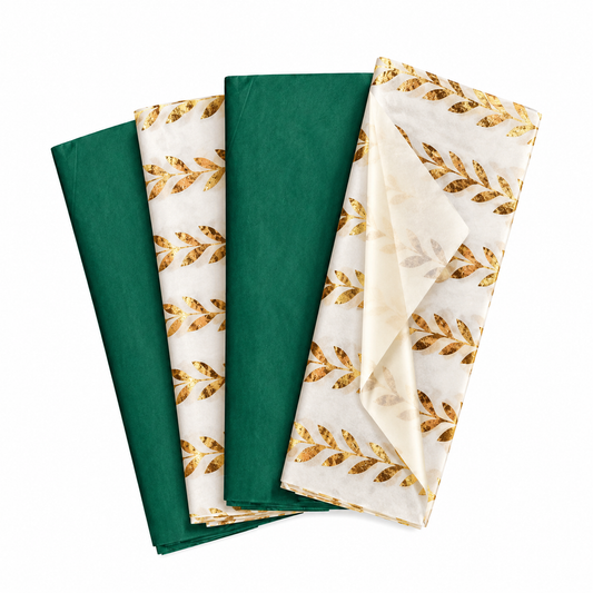 Pack of 8 Garden Bands Luxury Gold Foil Design & Plain Green 50 x 70 cm Tissue Sheets - Christmas Winter Celebrations Wedding Anniversary