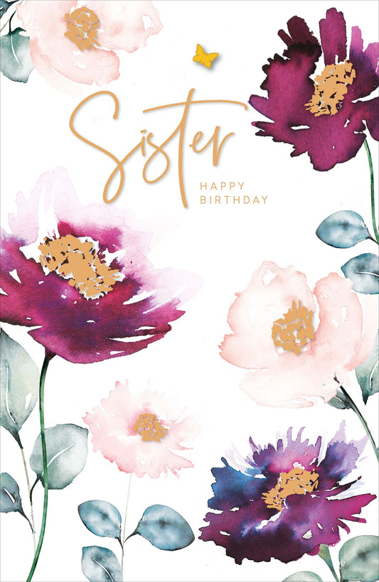 Sister Birthday Card Watercolour Floral Gold Butterfly