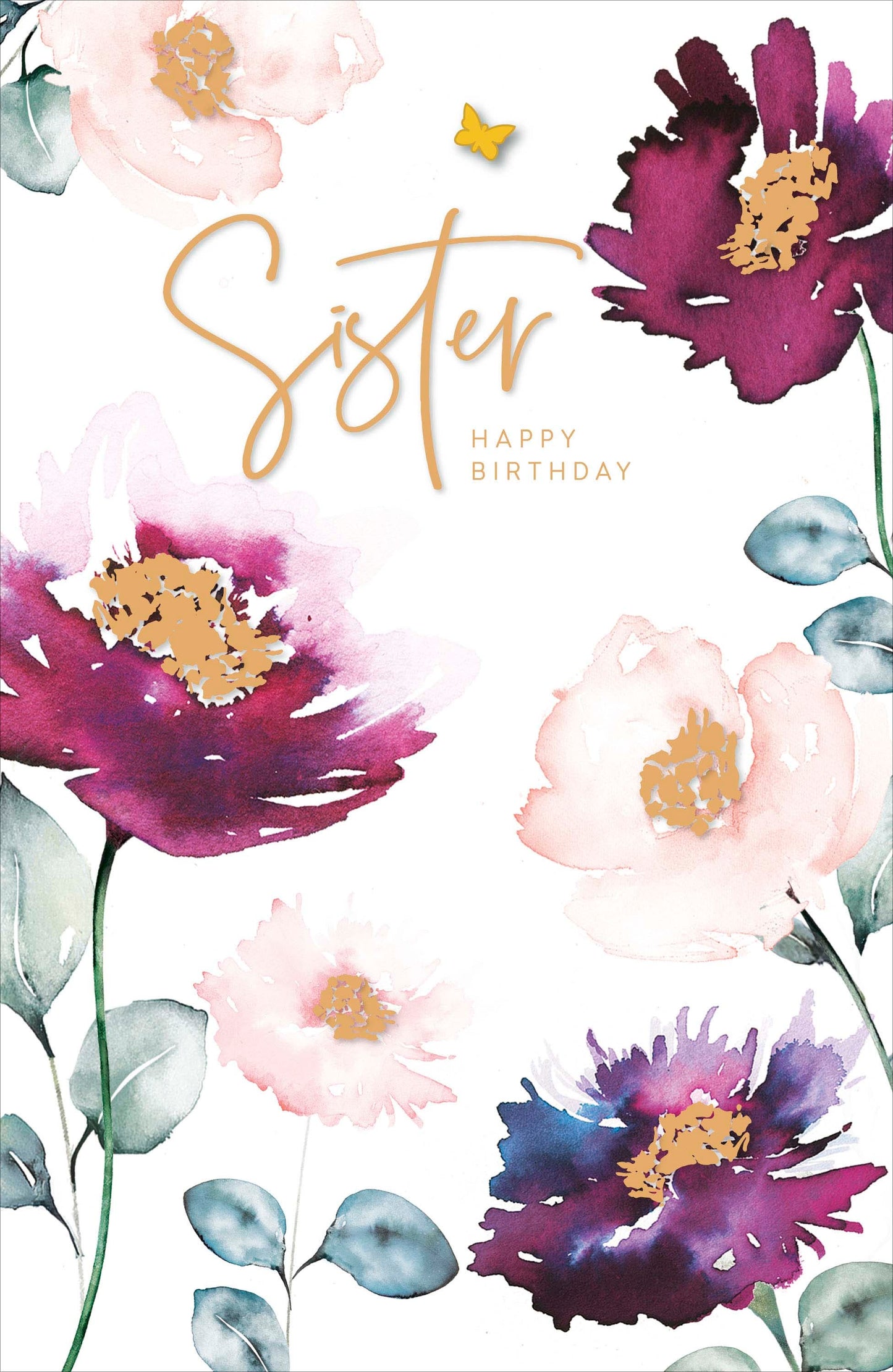 Sister Birthday Card Watercolour Floral Gold Butterfly