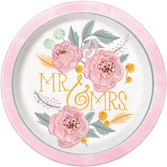 Pack of 8 MR. & MRS. Painted Floral Round 9" Dinner Plates