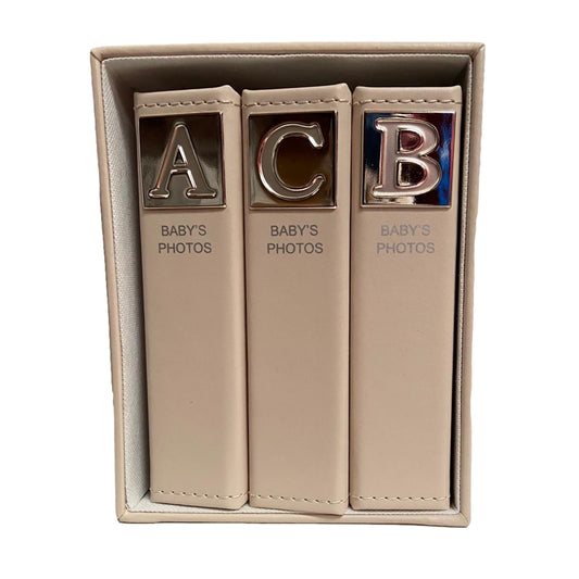 Baby Photo Album Cream Leather Style Silver Plated ABC Set Of 3