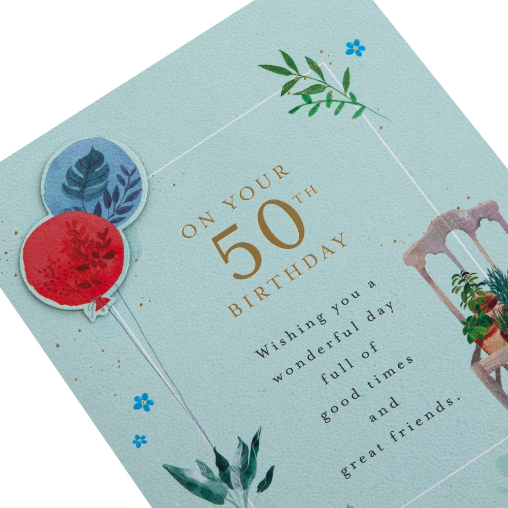 Balloons & Plants Design 50th Birthday Card