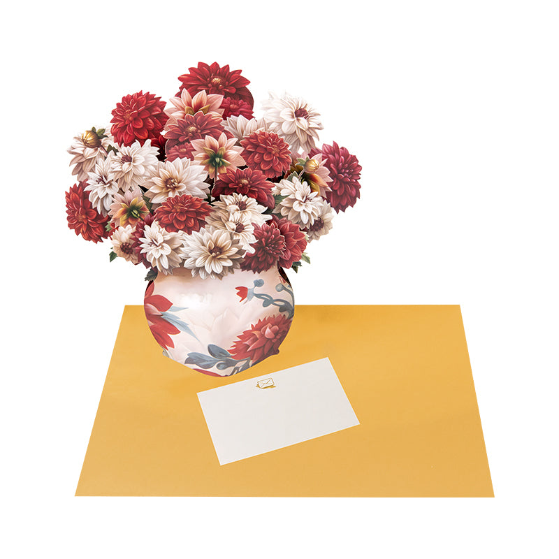 Crimson & Cream Dahlia Elegance 3D Pop Up Vase Greeting Card - Birthday Anniversary Mother's Valentine's Day