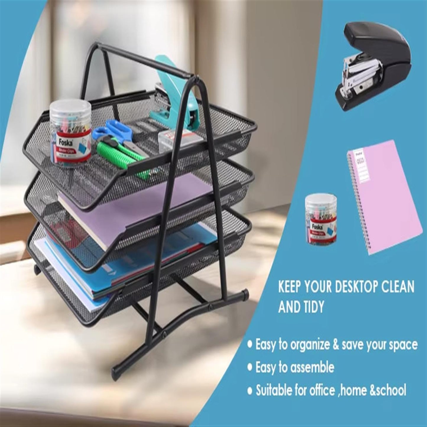 Silver Office Mesh Tray For Organizer 35 × 30 × 27cm