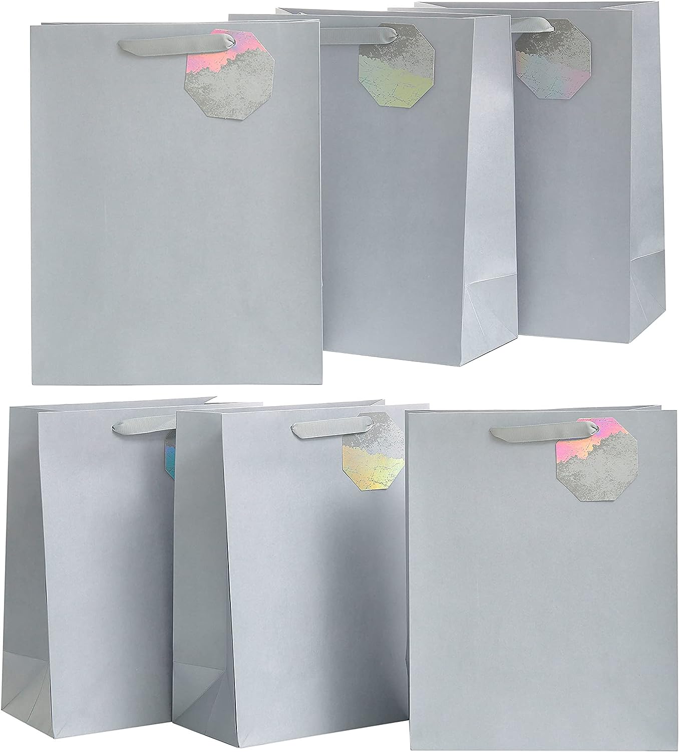Silver Design Multipack Of 6 Large Gift Bags With Tags For Him/Her/Friend For Father's Day, Birthdays, Thank You, Congratulations or Other Gifts