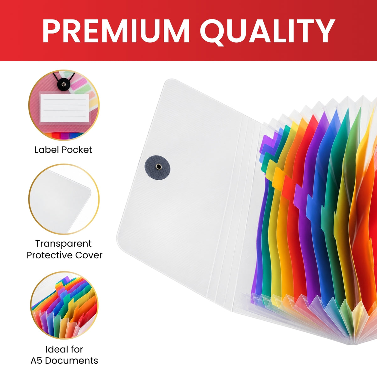 A5 13 Part Rainbow Coloured Tabs Expanding File With Elastic Closure