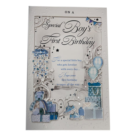 Special Boy's First Birthday Balloons And Sack of Gifts Design Opacity Card