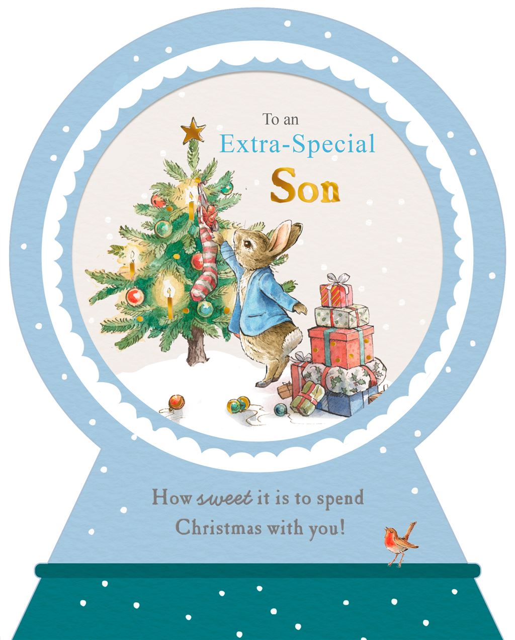 Peter Rabbit with Snow Globe Design Extra Special Son Christmas Card