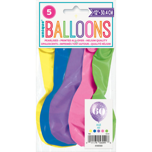 Pack of 5 Number 60 12" Latex Balloons