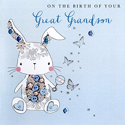 New Baby Great Grandson Buttoned Up Greeting Card Embellished Cards