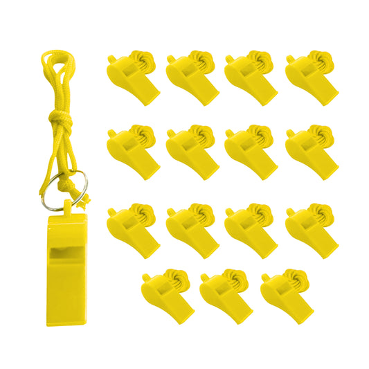 Pack of 15 Yellow Plastic Whistles with Lanyard Neck Cord