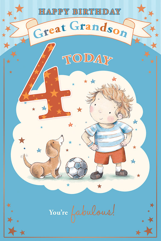 Little Boy With Dog & Football Great Grandson 4th Candy Club Birthday Card
