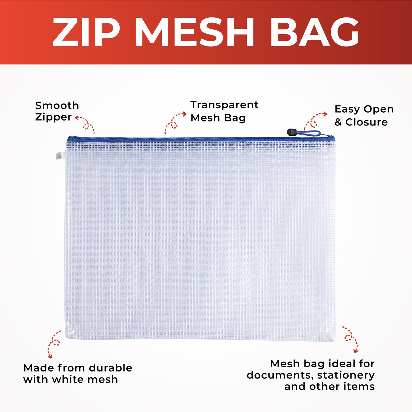 Pack of 12 A4 Blue Zip Strong Mesh Bags - Tough Waterproof Storage