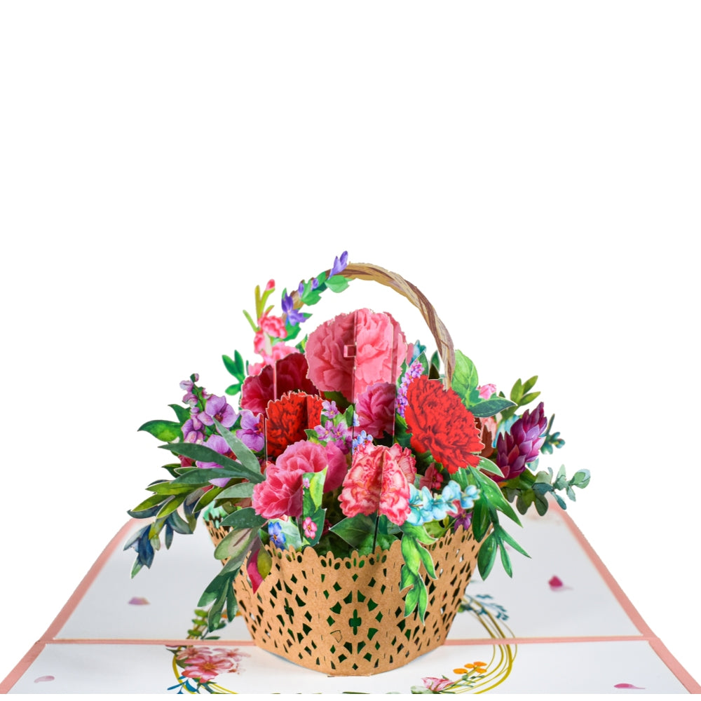 Roses & Carnations Blooming Basket 3D Pop-Up Greeting Card - Mother's Day Anniversary Birthday