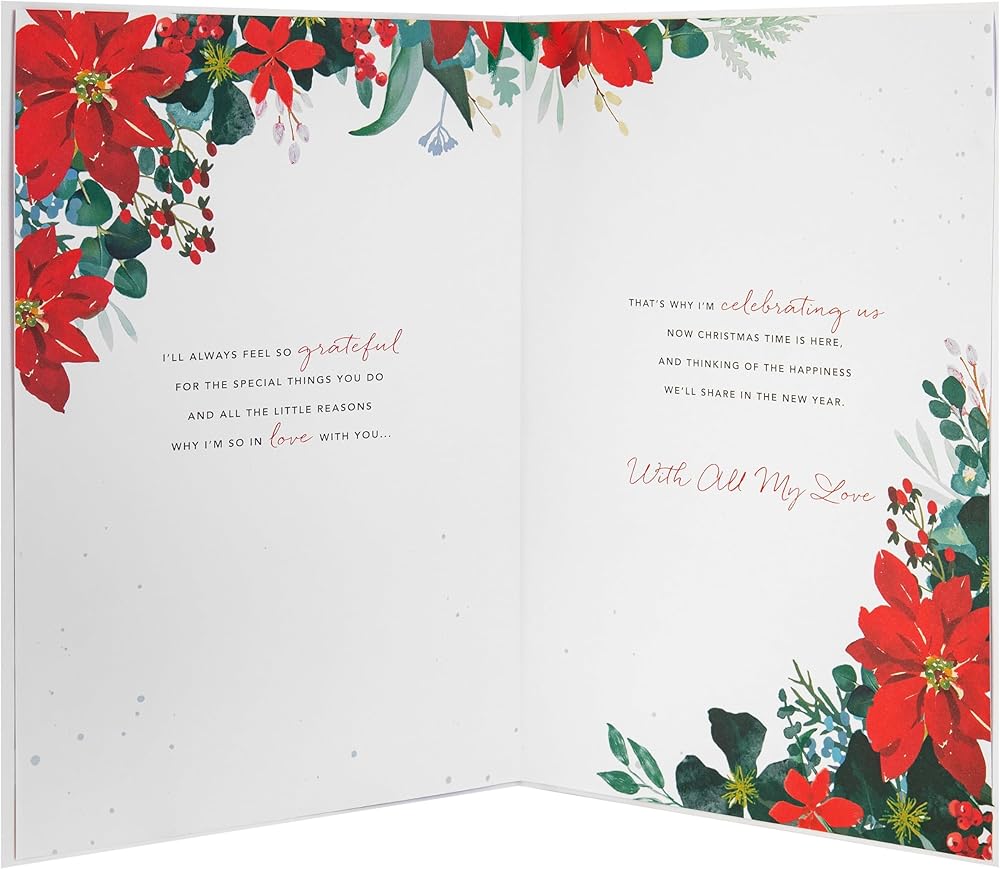 Traditional Illustrated Poinsettia Heart Design One I Love Luxury Boxed Christmas Card