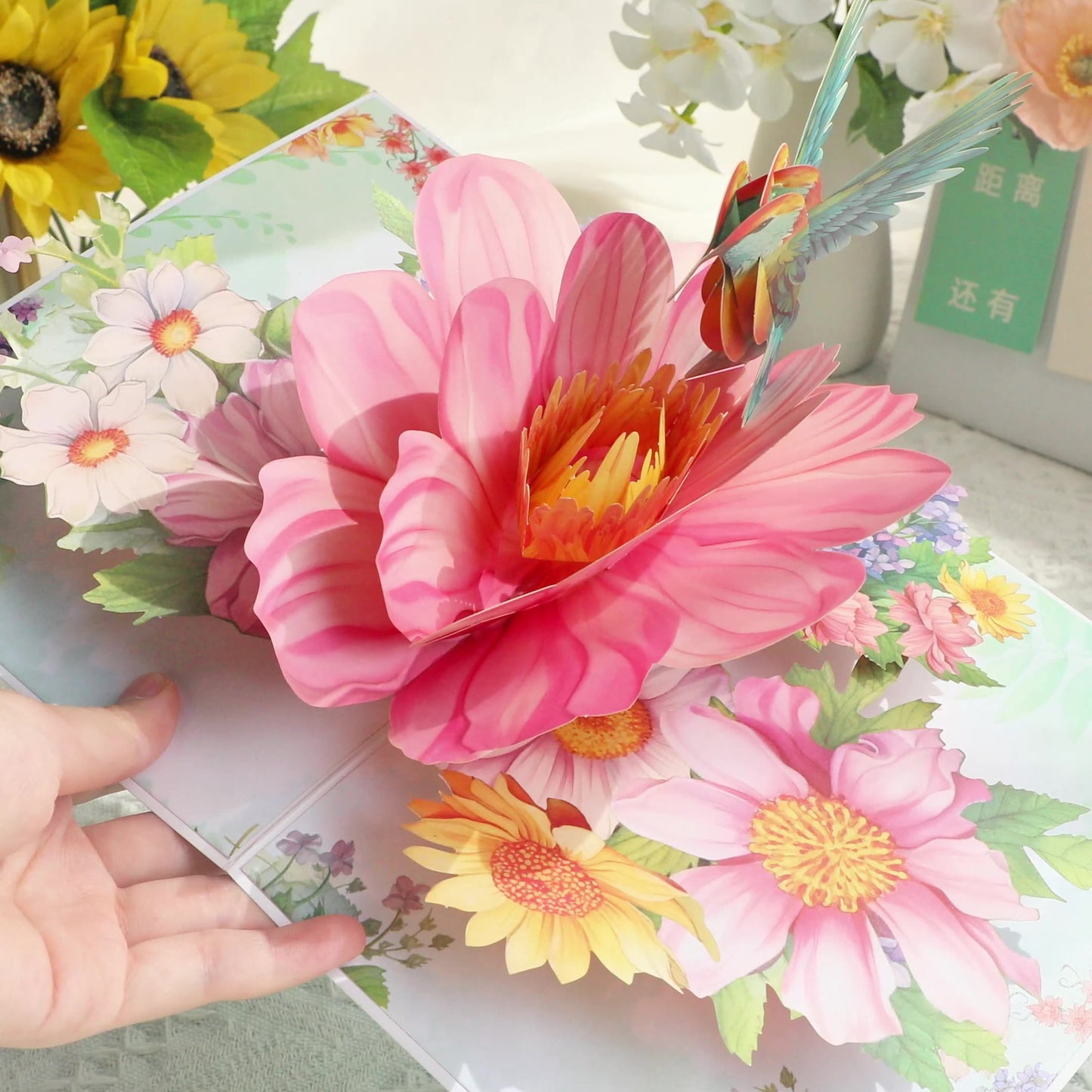 Hummingbird Whispers Pink Blossom 3D Pop Up Greeting Card