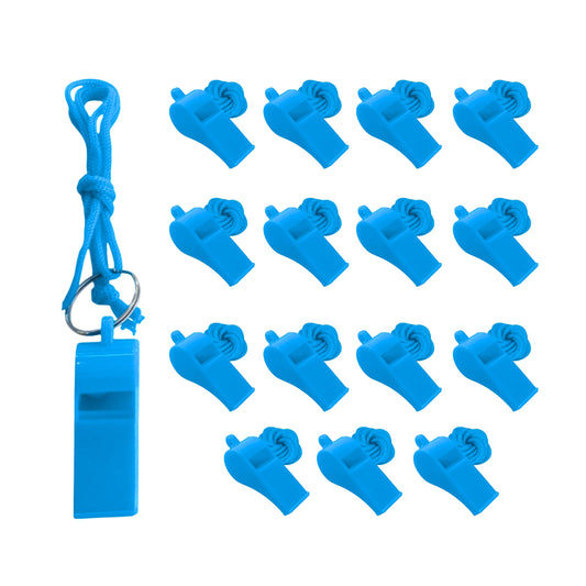 Pack of 50 Light Blue Plastic Whistles with Lanyard Neck Cord