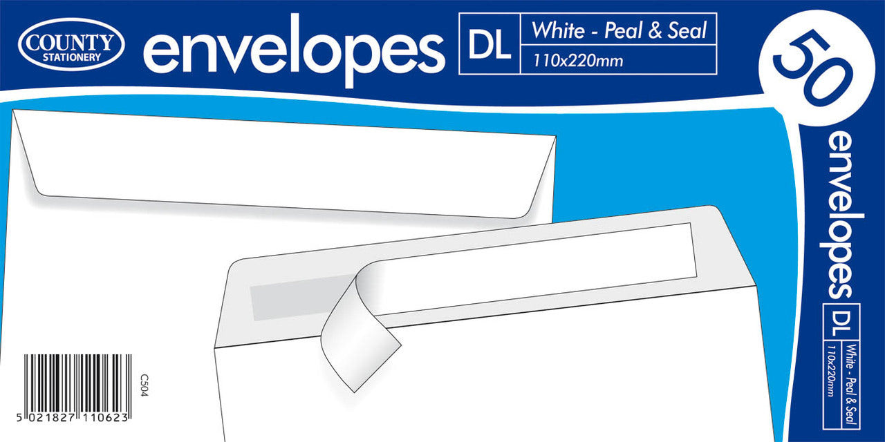 County Peel & Seal 50 Pack DL Envelopes White (80gsm)