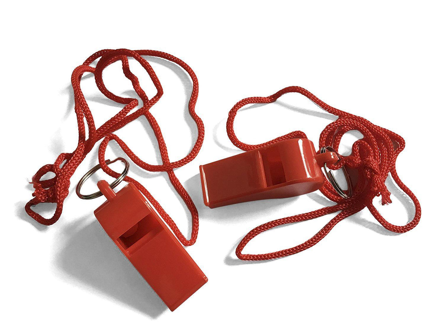 Bag of 100 Red Plastic Whistles with Lanyard Neck Cord