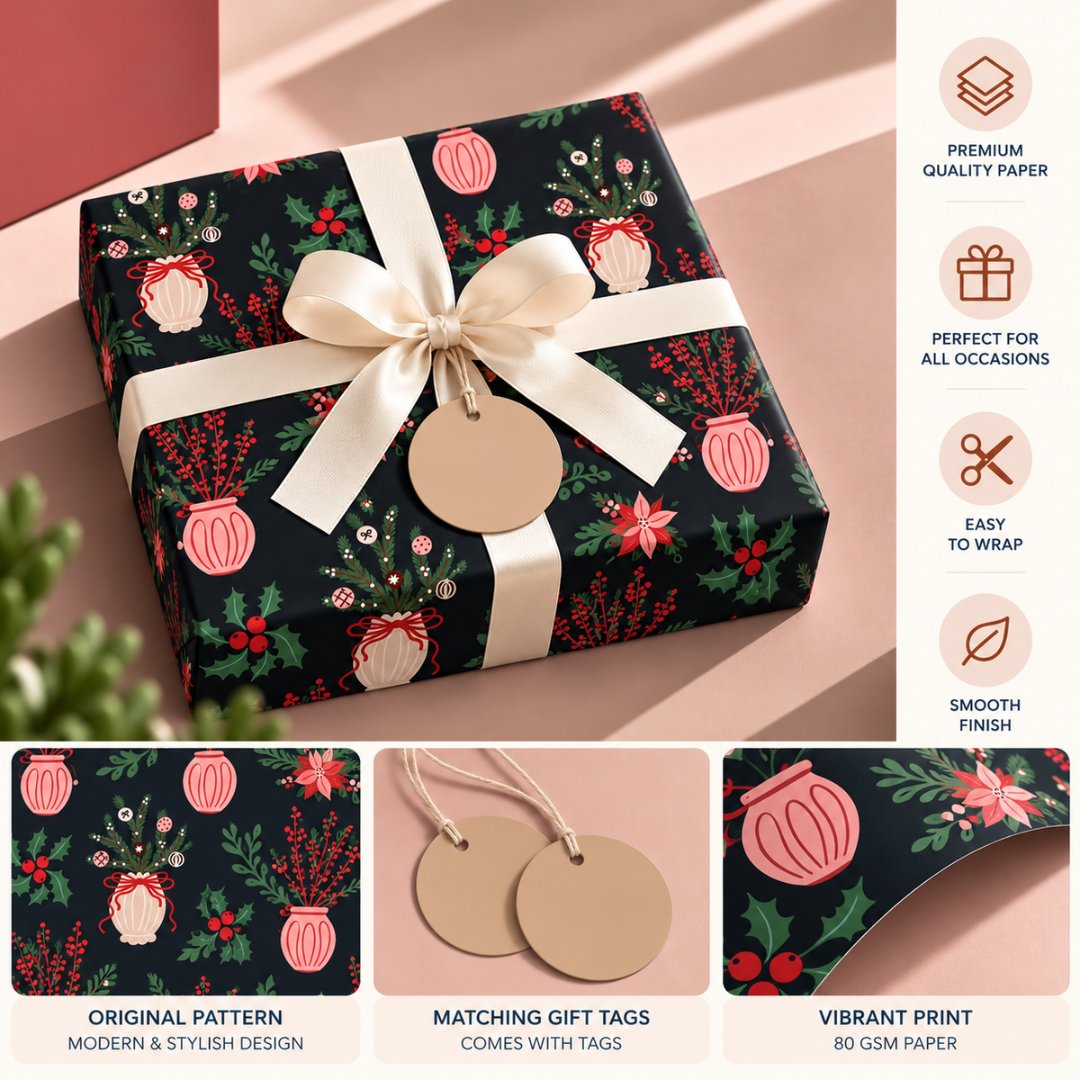 Pack of 2 Winter Bouquet Design 50 x 70 cm Gift Wrap Sheets with 2 Tags - Christmas Seasonal Celebrations Winter Parties