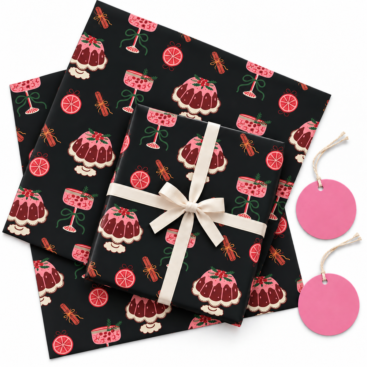 Pack of 2 Dessert Festive Design 50 x 70 cm Gift Wrap Sheets with 2 Tags - Christmas Birthdays Parties Holiday Gifting