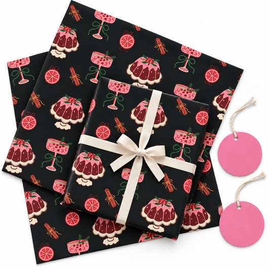 Pack of 2 Dessert Festive Design 50 x 70 cm Gift Wrap Sheets with 2 Tags - Christmas Birthdays Parties Holiday Gifting
