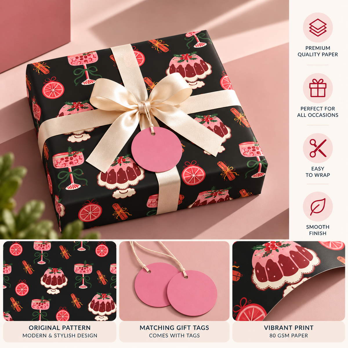 Pack of 2 Dessert Festive Design 50 x 70 cm Gift Wrap Sheets with 2 Tags - Christmas Birthdays Parties Holiday Gifting