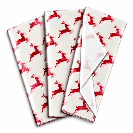 Pack of 5 Christmas Flying Reindeer Design 50 x 70 cm Luxury Red Foil Tissue Sheets