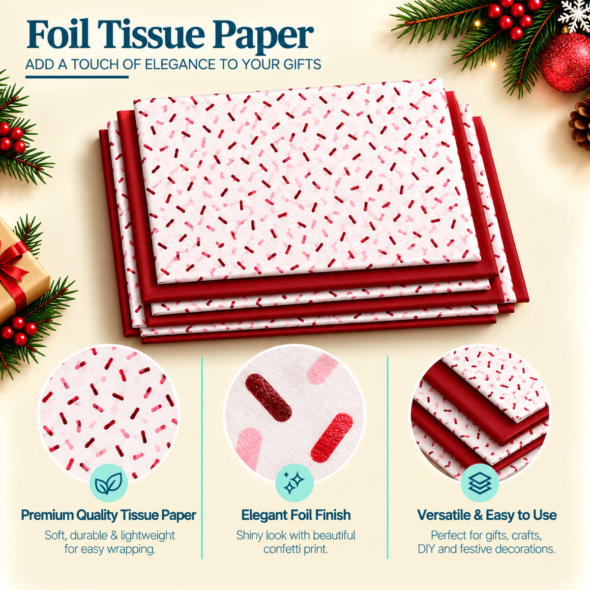 Pack of 8 Sprinkle Confetti Luxury Red Foil Design & Plain Red 50 x 70 cm Tissue Sheets - Christmas, Valentine, Birthday