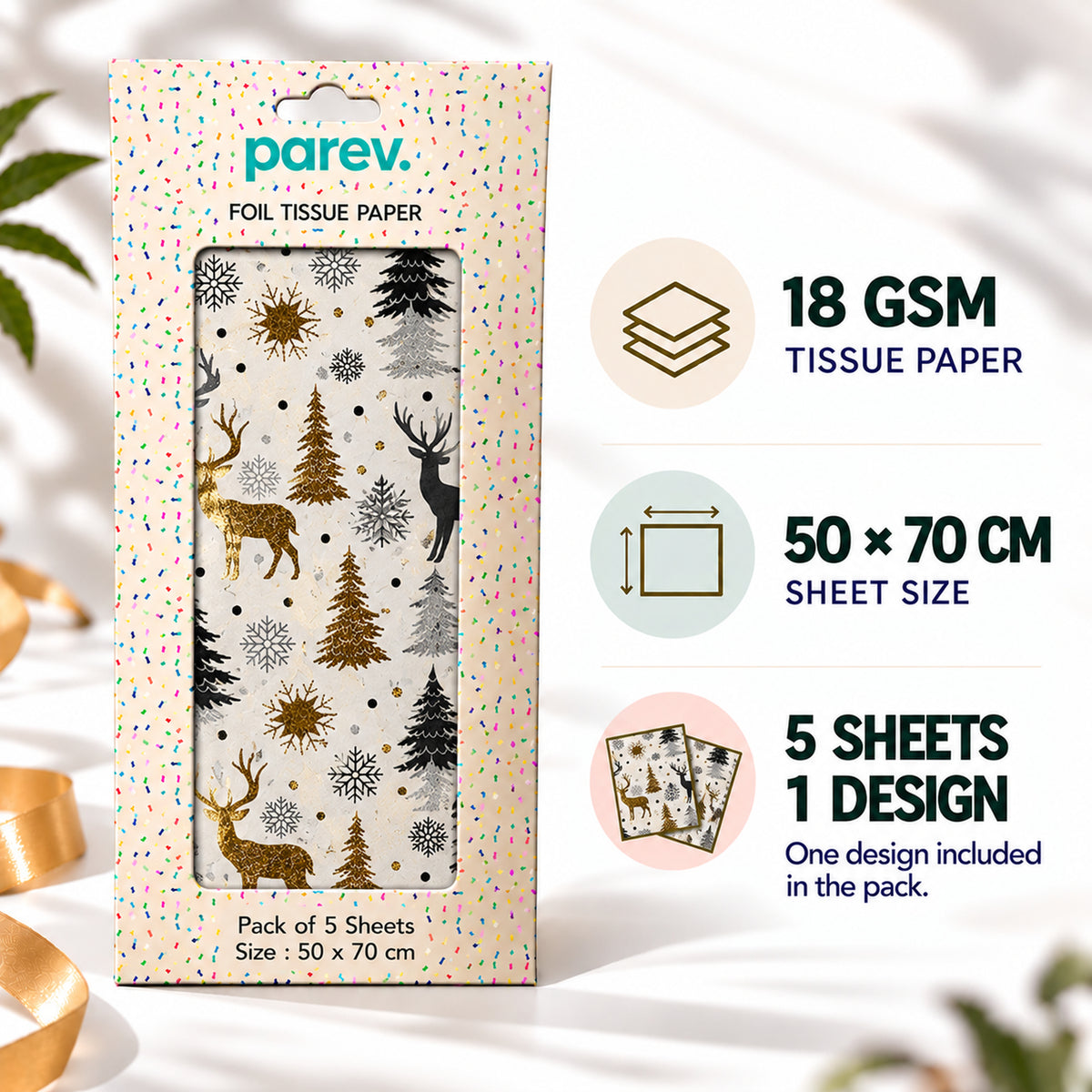 Pack of 5 Woodland Christmas Wonder Design 50 x 70 cm Luxury Foil Tissue Sheets - Reindeer, Snowflakes, Trees