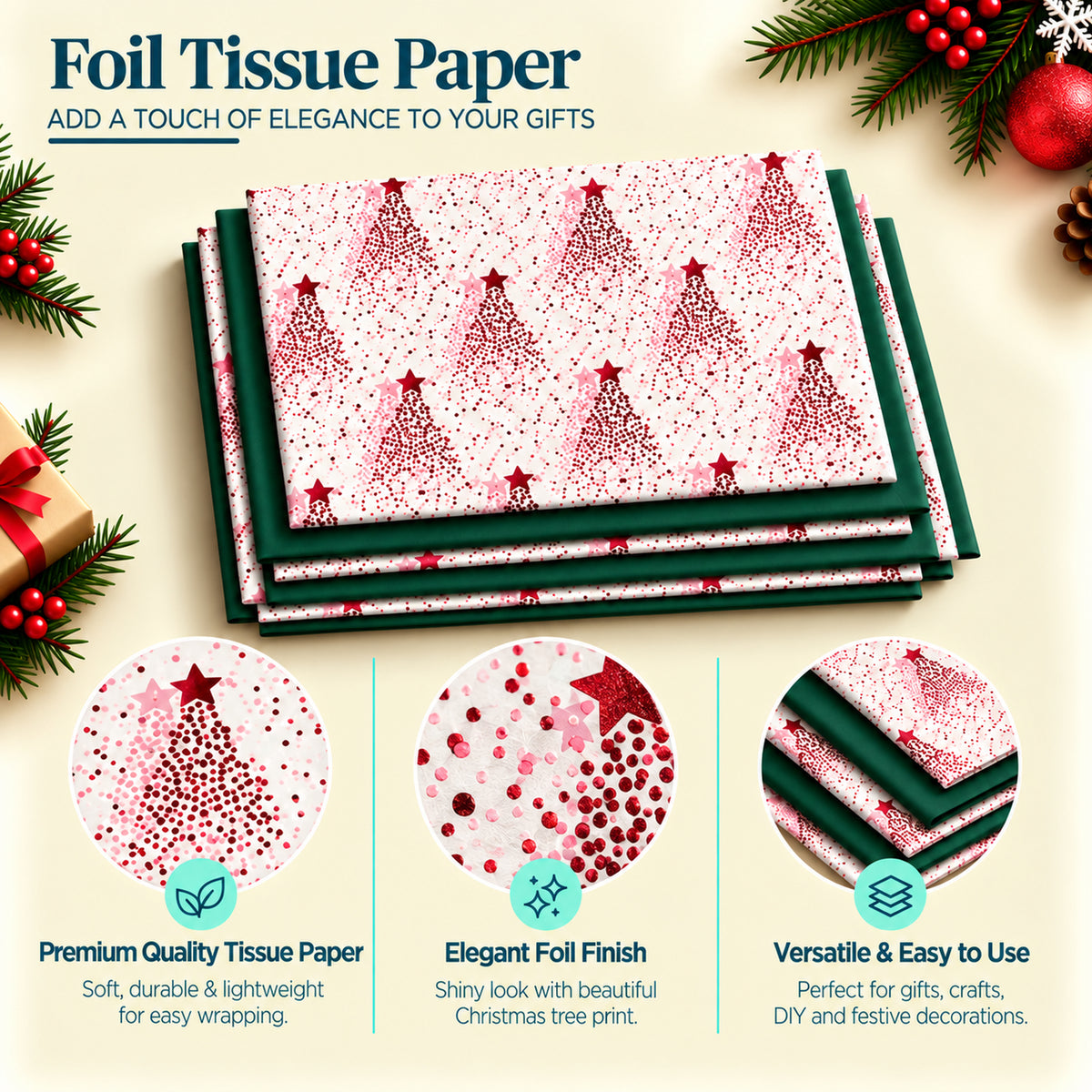 Pack of 8 Dotted Christmas Tree Luxury Red Foil Design & Plain Dark Green 50 x 70 cm Tissue Sheets