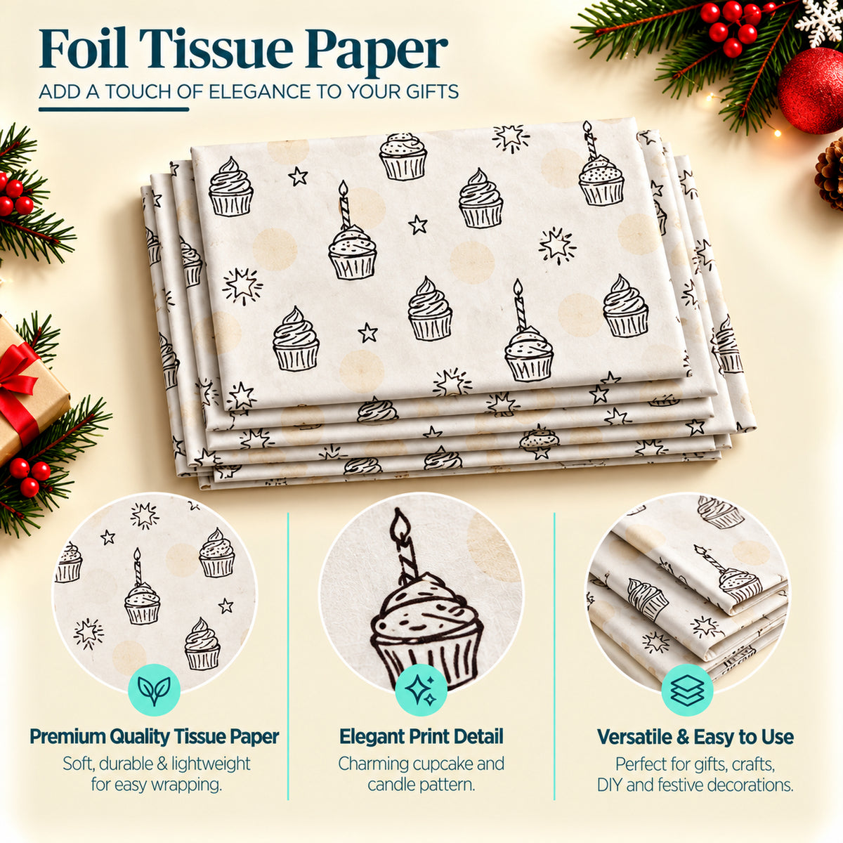 Pack of 5 Sweet Celebration Design 50 x 70 cm Luxury Silver Foil Tissue Sheets - Birthday, Cake