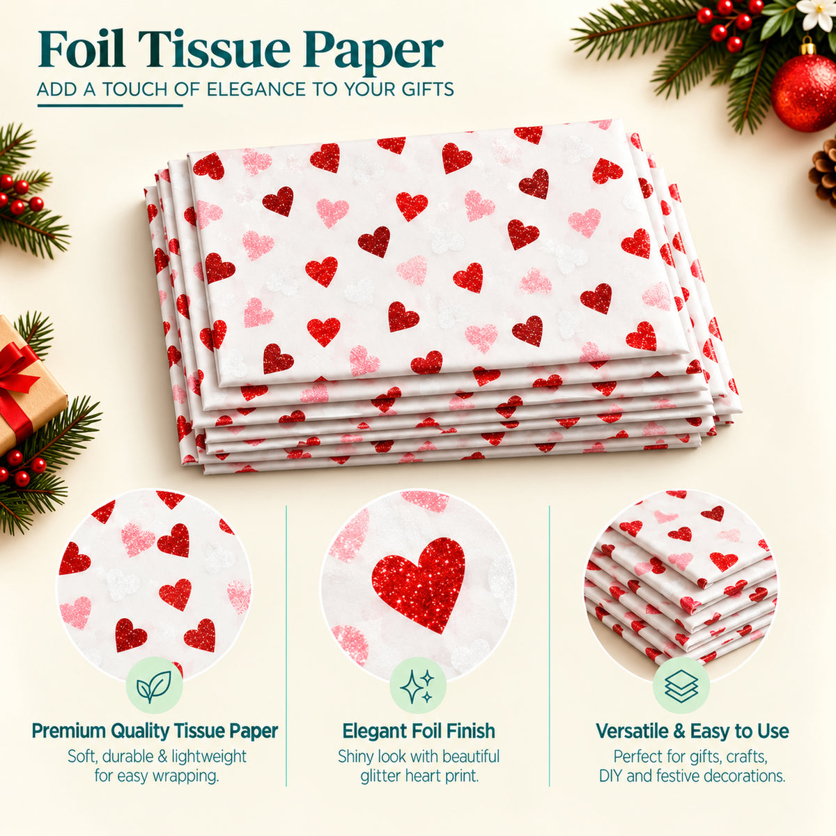 Pack of 5 Classic Hearts Design 50 x 70 cm Luxury Red Foil Tissue Sheets - Valentine, Wedding, Anniversary