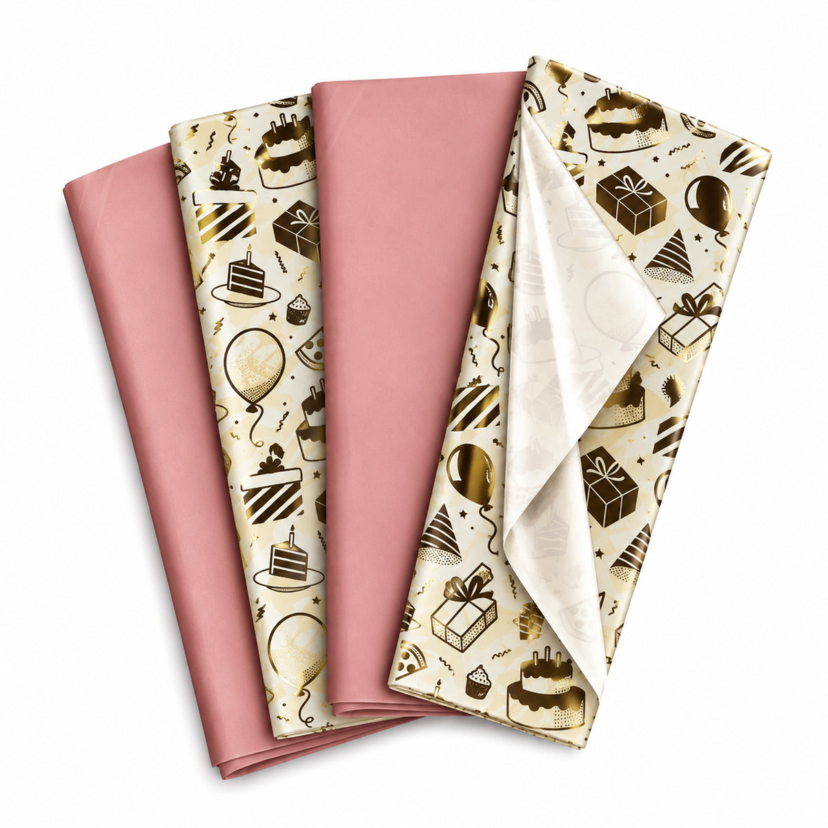Pack of 8 Birthday Bliss Luxury Gold Foil Design & Plain Pink 50 x 70 cm Tissue Sheets - Girls, Cake, Celebration