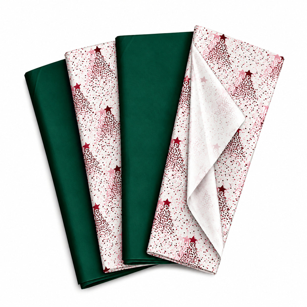 Pack of 8 Dotted Christmas Tree Luxury Red Foil Design & Plain Dark Green 50 x 70 cm Tissue Sheets