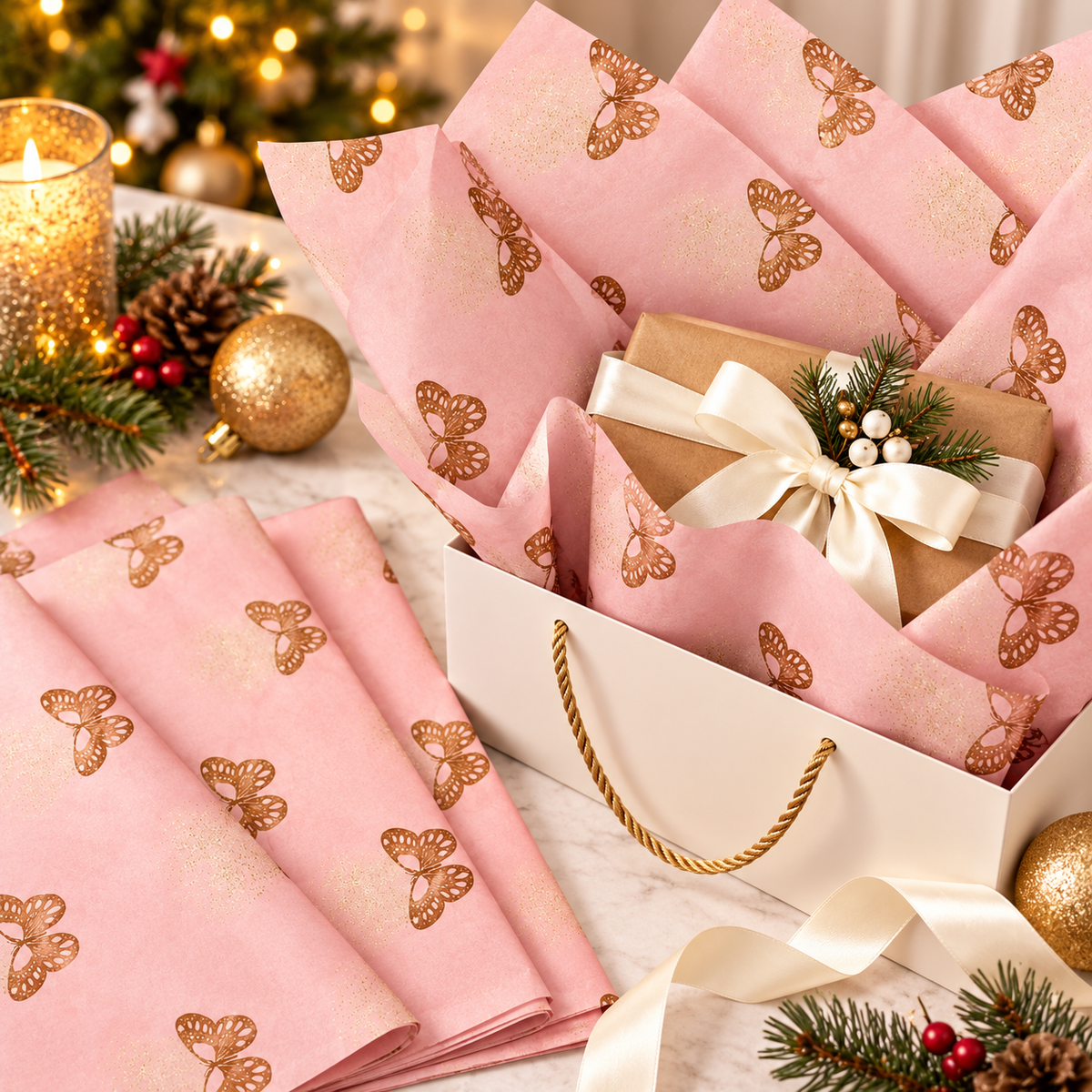 Pack of 5 Fluttering Butterflies Design 50 x 70 cm Luxury Gold Foil Tissue Sheets - Summer, Holiday, Spring