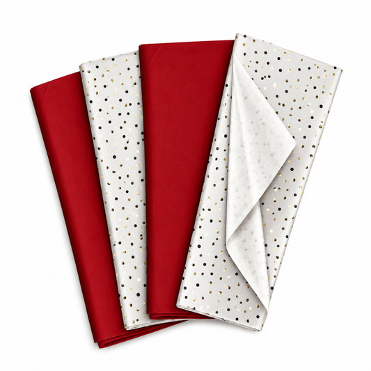 Pack of 8 Confetti Dots Luxury Red Foil Design & Plain Red 50 x 70 cm Tissue Sheets - Christmas, Valentine