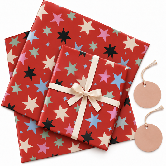 Pack of 2 Starburst Design 50 x 70 cm Gift Wrap Sheets with 2 Tags - Christmas Birthdays Festive Gifting