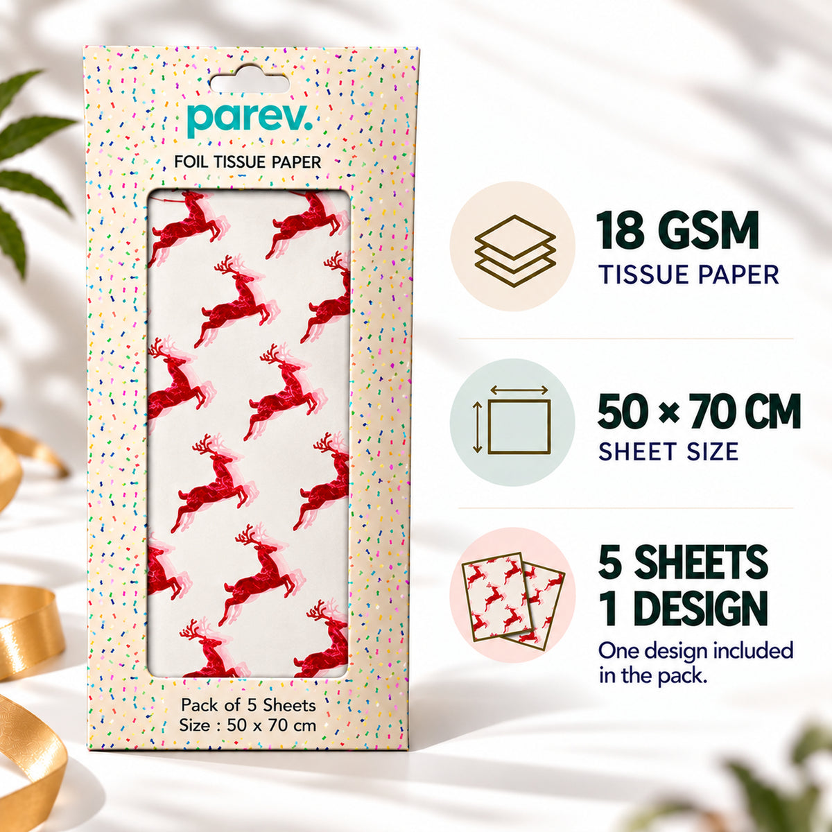 Pack of 5 Christmas Flying Reindeer Design 50 x 70 cm Luxury Red Foil Tissue Sheets