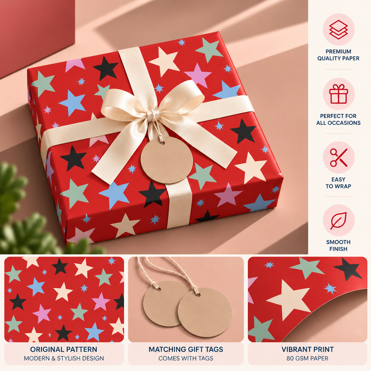Pack of 2 Merry Starbust Christmas Design 50 x 70 cm Gift Wrap Sheets with 2 Tags