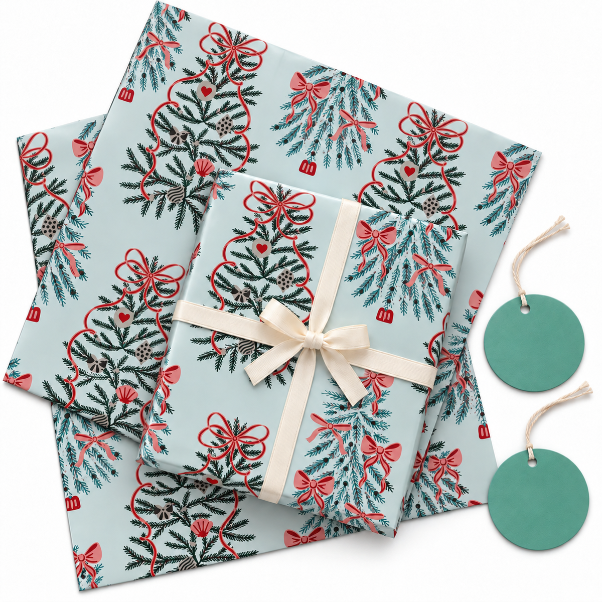 Pack of 2 Festive Tree Charm Design 50 x 70 cm Gift Wrap Sheets with 2 Tags - Christmas Seasonal Celebrations Winter Parties