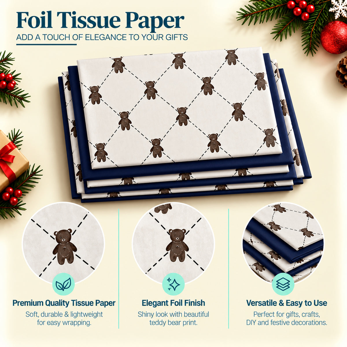 Pack of 8 Teddy Bear Luxury Gold Foil Design & Plain Navy Blue 50 x 70 cm Tissue Sheets - Birthday, Boys, Celebration