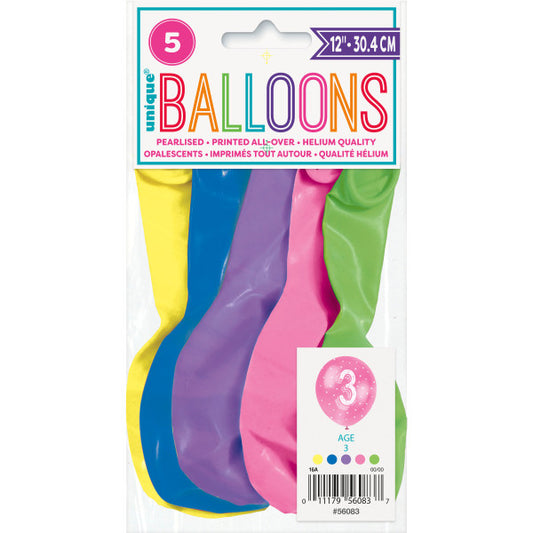 Pack of 5 Number 3 12" Latex Balloons