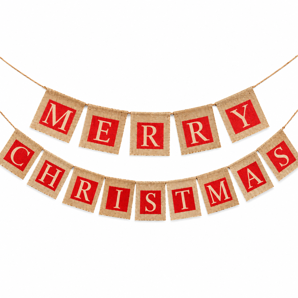 Merry Christmas 2 Strings Hessian Bunting 14 Square Pennants