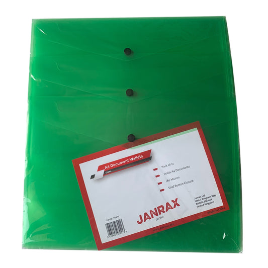 Pack of 12 Janrax A4 Green Document Wallets - Button Stud Folder