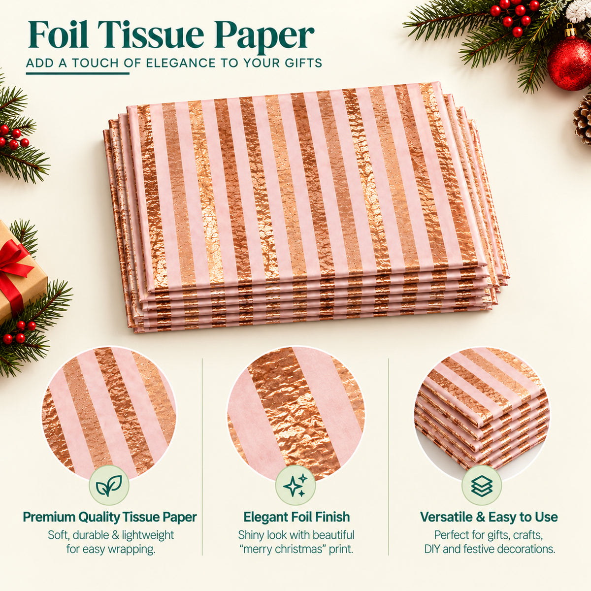 Pack of 5 Abstract Stripes Design 50 x 70 cm Luxury Gold Foil Tissue Sheets - Wedding, Christmas, Celebration