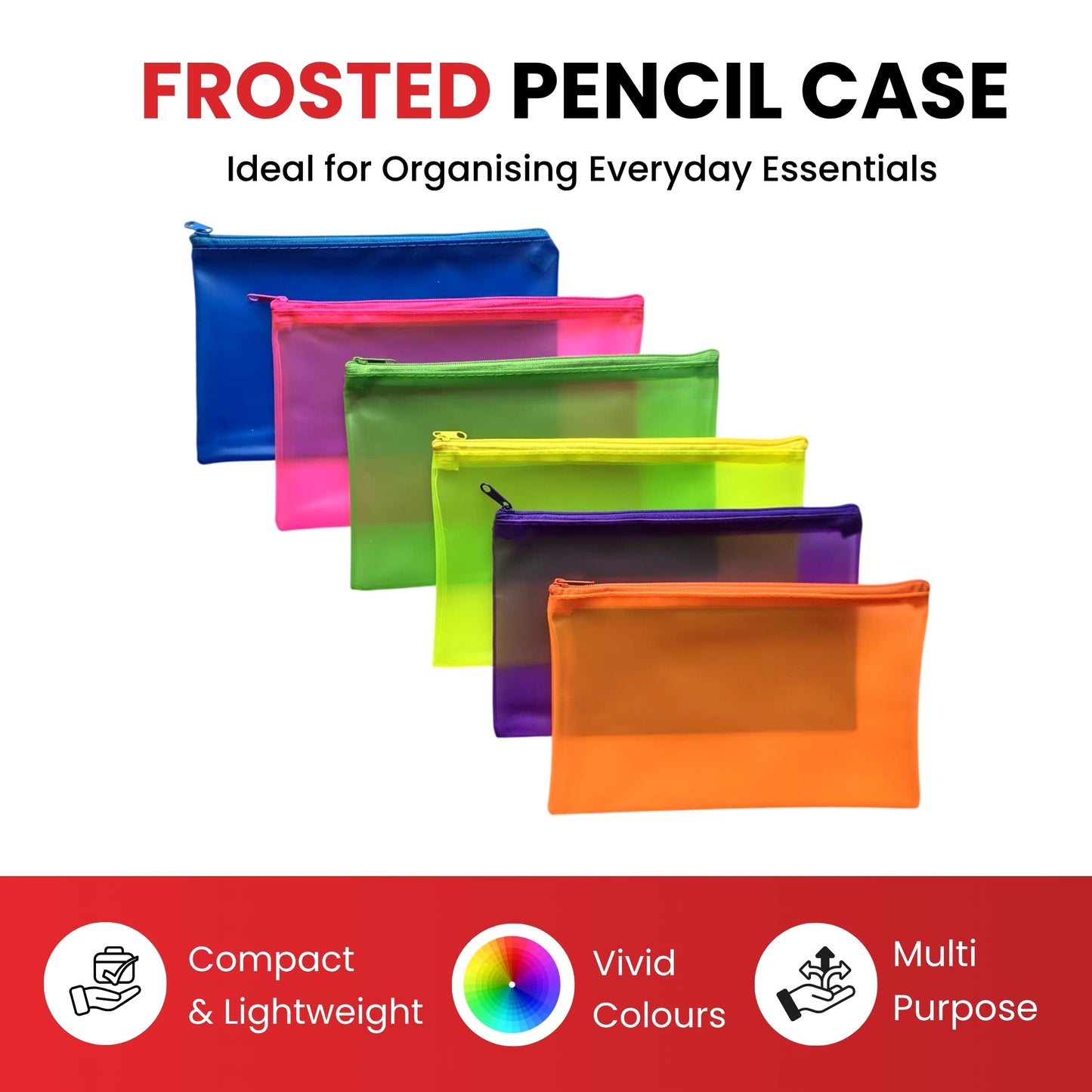 6 x Assorted Frosted Colour 8x5" Pencil Cases - See Through Exam Clear Translucent