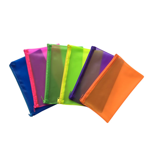 6 x Assorted Frosted Colour 8x5" Pencil Cases - See Through Exam Clear Translucent